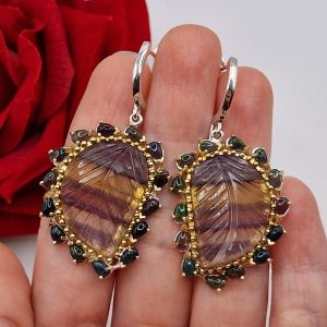 Серьги серебро природный флюорит + радужный чёрный опал