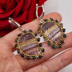 Серьги серебро натуральный флюорит + чёрный опал