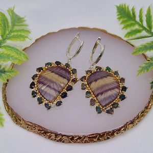 Серьги серебро натуральный флюорит + радужный чёрный опал