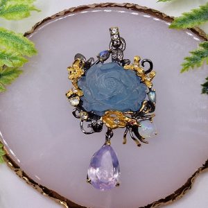 Подвес серебро натуральный аквамарин + лавандовый кварц + эфиопский опал