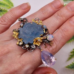 Кулон серебро природный аквамарин + лавандовый кварц + огненный опал