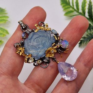 Подвес серебро натуральный аквамарин + лавандовый кварц + эфиопский опал