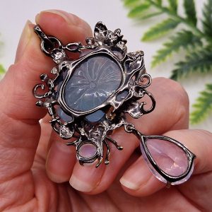 Кулон серебро природный аквамарин + лавандовый кварц + огненный опал