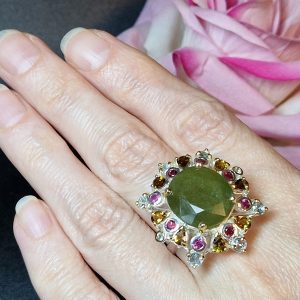 Перстень серебро натуральный зелёный сапфир + турмалин + топаз + родолит
