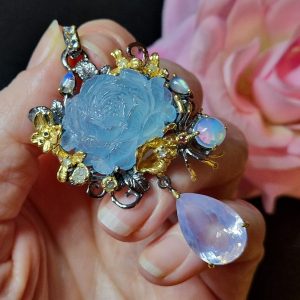 Кулон серебро природный аквамарин + лавандовый кварц + огненный опал