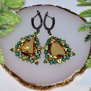 Серьги серебро натуральный цитрин + оникс + хризолит