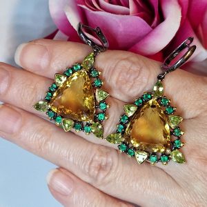 Серьги серебро природный цитрин + оникс + хризолит