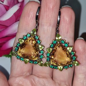 Серьги серебро натуральный цитрин + оникс + хризолит