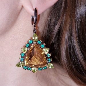 Серьги серебро природный цитрин + оникс + хризолит