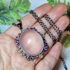 Колье серебро природный розовый кварц кабошон