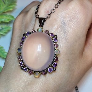 Колье серебро природный розовый кварц кабошон