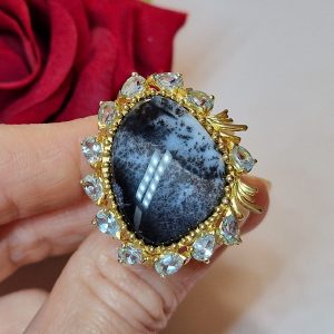 Перстень серебро натуральный дендритовый опал + голубой топаз