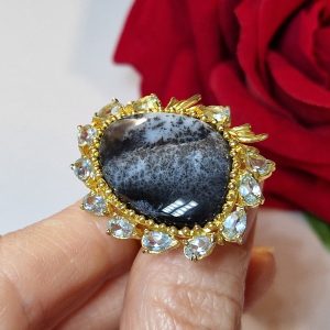 Кольцо серебро природный дендритовый опал + голубой топаз