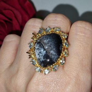 Перстень серебро натуральный дендритовый опал + голубой топаз