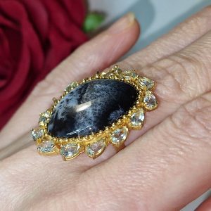 Кольцо серебро природный дендритовый опал + голубой топаз