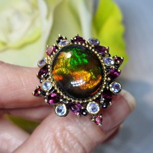 Перстень серебро натуральный чёрный опал + топаз + родолит