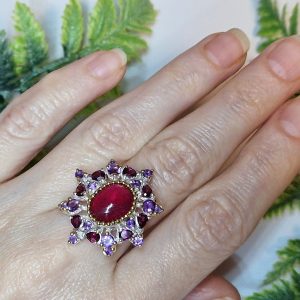 Перстень серебро натуральный рубин + аметист + родолит