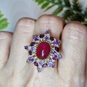 Перстень серебро натуральный рубин + аметист + родолит