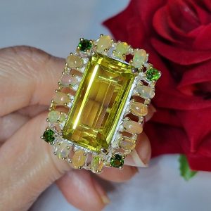 Перстень серебро натуральный лимонный кварц + опал + диопсид