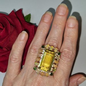 Перстень серебро натуральный лимонный кварц + опал + диопсид