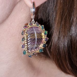 Серьги серебро природный флюорит + радужный чёрный опал