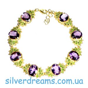 Браслет серебро природный аметист и хромдиопсид