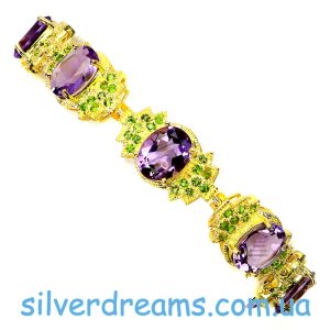 Браслет серебро натуральный аметист и хромдиопсид