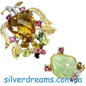 Браслет серебро природный цитрин пренит родолит турмалин хризолит