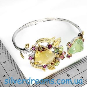 Браслет серебро натуральный цитрин пренит родолит турмалин хризолит