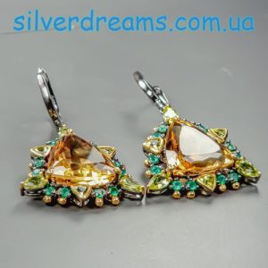 Серьги серебро натуральный цитрин + хризолит + оникс