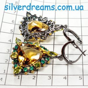 Серьги серебро натуральный цитрин + хризолит + оникс