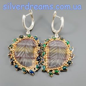 Серьги серебро натуральный флюорит + чёрный опал