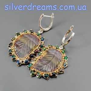 Серьги серебро природный флюорит + чёрный опал