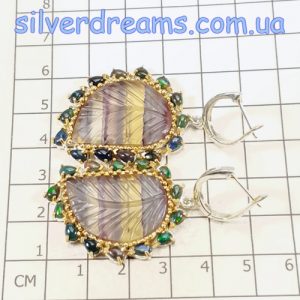 Серьги серебро натуральный флюорит + чёрный опал