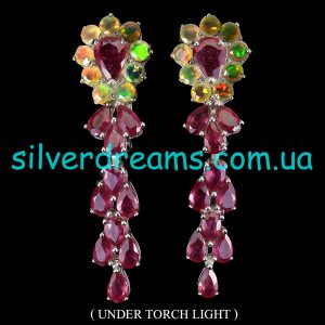 Длинные серьги серебро природный рубин и опал