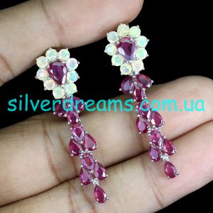Серьги серебро натуральный опал и рубин