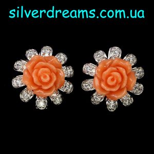 Серьги серебро резная роза из глины