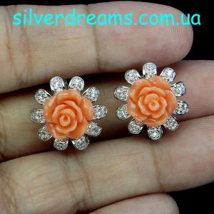 Серьги серебро резная роза из глины