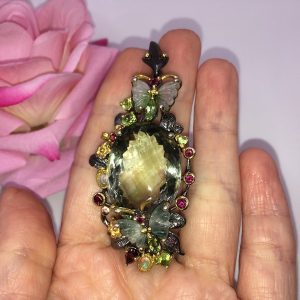 Кулон серебро природный зелёный аметист (празиолит) + турмалин + опал + хризолит