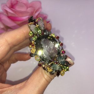 Кулон серебро природный зелёный аметист (празиолит) + турмалин + опал + хризолит