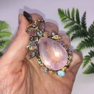 Кулон серебро природный розовый кварц + турмалин + ларимар + топаз