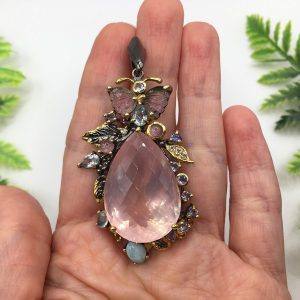 Кулон серебро природный розовый кварц + турмалин + ларимар + топаз