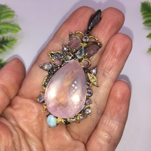 Подвес серебро натуральный розовый кварц + турмалин + ларимар + топаз