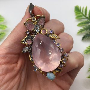Подвес серебро натуральный розовый кварц + турмалин + ларимар + топаз
