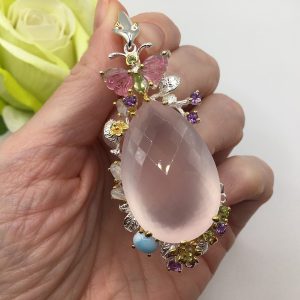 Подвес серебро натуральный розовый кварц + турмалин + ларимар + хризолит