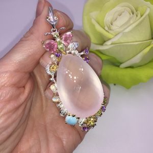 Подвес серебро натуральный розовый кварц + турмалин + ларимар + хризолит