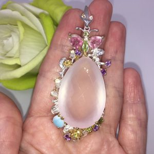 Подвес серебро натуральный розовый кварц + турмалин + ларимар + хризолит