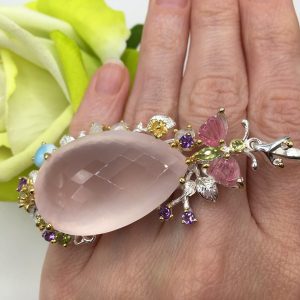 Кулон серебро природный розовый кварц + ларимар + турмалин + хризолит