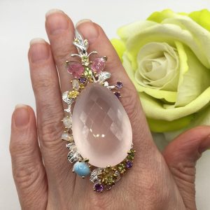 Подвес серебро натуральный розовый кварц + турмалин + ларимар + хризолит