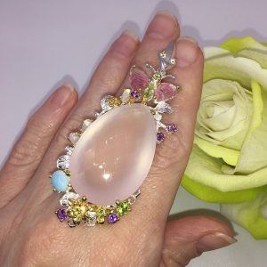 Кулон серебро природный розовый кварц + ларимар + турмалин + хризолит